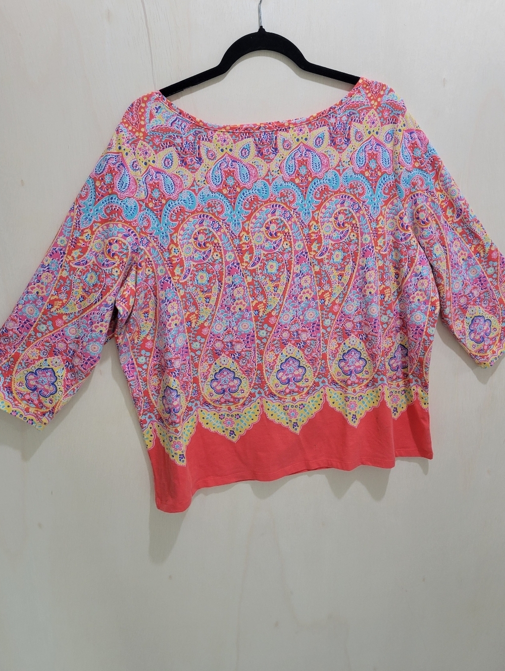 The Talbots Tee Coral Multicolor Paisley Boat Neck 3/4 Sleeve Top 2X